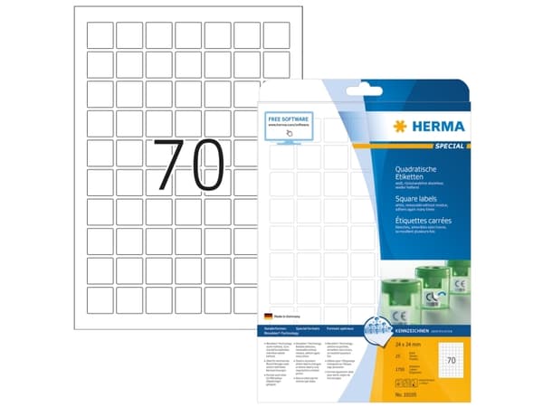 HERMA - Papir - matt - fjernbart selv-adhesiv - hvit - 24 x 24 mm 1750 etikett(er) (25 ark x 70) merkelapper