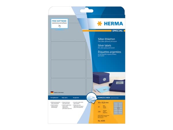 HERMA Special - Polyester - blank - permanent självhäftande - silver - 96 x 50.8 mm 250 etikett (er) (25 ark x 10) filmetiketter