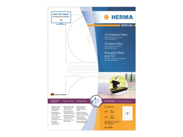 HERMA Special Maxi - Papir - matt - permanent selvklebende - hvit - 116 mm rund 200 etikett(er) (100 ark x 2) ugjennomsiktige CD/DVD-etiketter