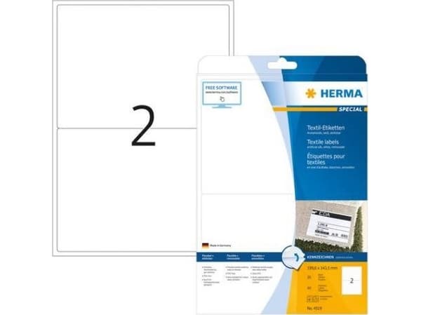 HERMA Special Name/textile - Acetatsilke - fjernbart selv-adhesiv - hvit - 199.6 x 143.5 mm 40 etikett(er) (20 ark x 2) merkelapper