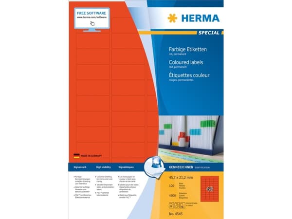 HERMA 4545, Röd, Rektangel, A4, Universal, Matt, Laser/bläckstråleskrivare