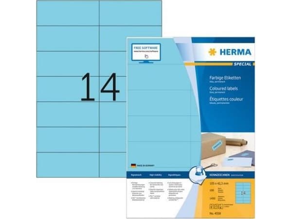 HERMA 4558, Blå, Rektangel, A4, Universell, Matte, Laser/Blekkskriver