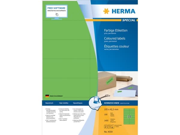HERMA 4559, Vihreä, Suorakulmio, A4, Universaali, Matta, Laser/Inkjet