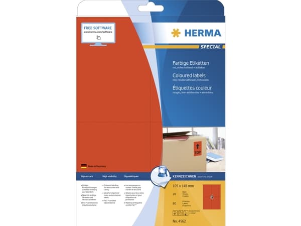 HERMA 4562, Rød, Rektangel, A4, Universell, Matte, Laser/Blekkskriver