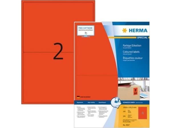 HERMA 4567, Punainen, Suorakulmio, A4, Universaali, Matta, Laser/Inkjet