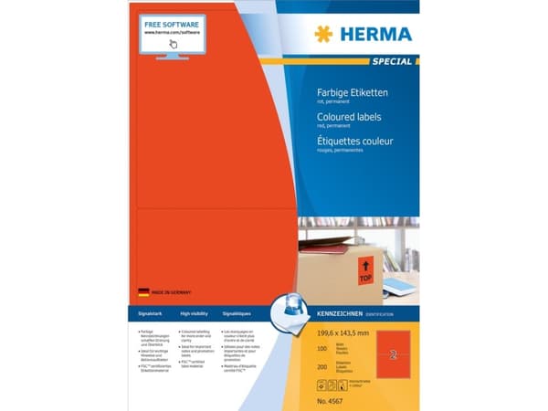 HERMA 4567, Punainen, Suorakulmio, A4, Universaali, Matta, Laser/Inkjet
