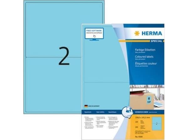 HERMA 4568, Blå, Rektangel, A4, Universell, Matte, Laser/Blekkskriver
