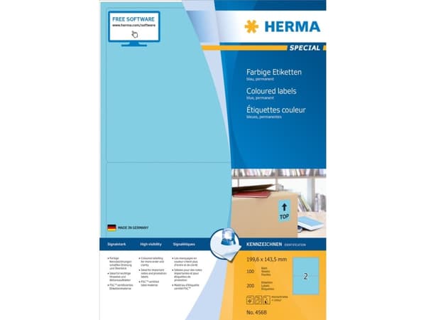 HERMA 4568, Blå, Rektangel, A4, Universell, Matte, Laser/Blekkskriver