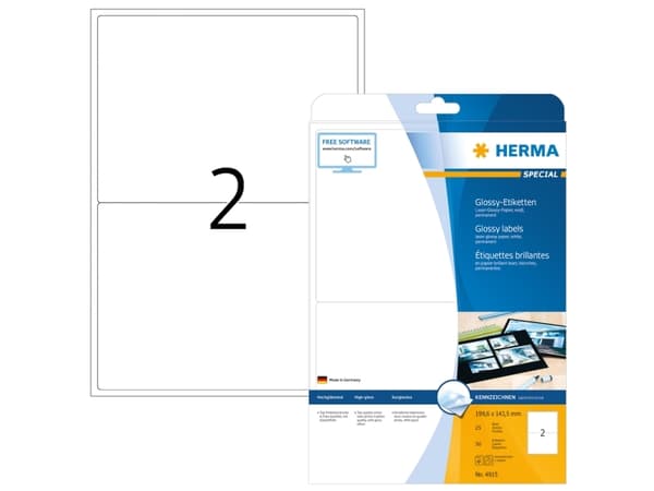 HERMA Special - Papir - høyblank - permanent selv-adhesiv - hvit - 199.6 x 143.5 mm 50 etikett(er) (25 ark x 2) merkelapper