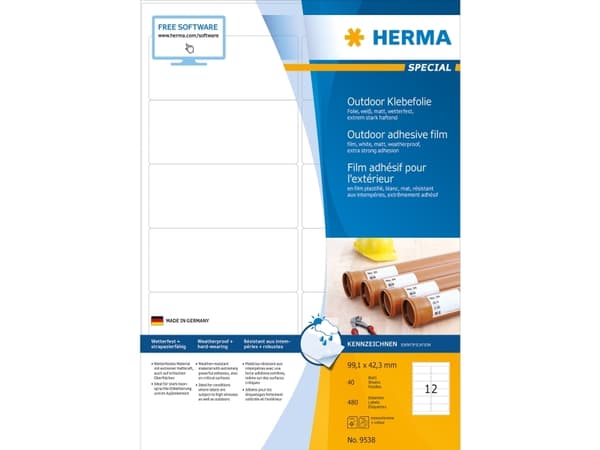 HERMA 9538, Vit, Rektangel, A4, Universal, Polyeten, Matt