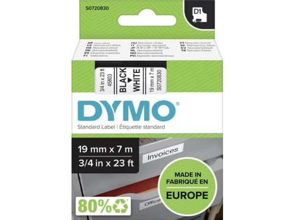 DYMO D1 - vakiopolyesteritarrat - Mustaa valkoisella -19mm x 7m, Musta valkoisella, Polyesteri, Belgia, -18 - 90 °C, DYMO, LabelManager, LabelWriter