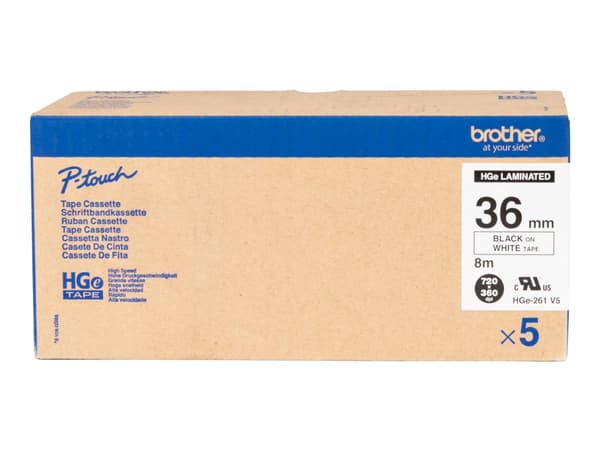 Brother HGE-261V5 - Svart på hvitt - Rull (3,6 cm x 8 m) 5 kassett(er) laminert teip - for P-Touch PT-9500pc, PT-9700PC, PT-9800PCN; P-Touch R RL-700