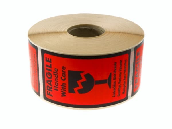 Etiket m/tekst Fragile Handle with care 120x70mm 1000stk/rul