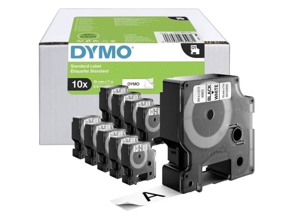 DYMO D1 Standard - Polyester - selv-adhesiv - svart på hvitt - 7 x 19 mm 1 rull(er) etikettmagasin (en pakke 10) - for LabelMANAGER 350, 360, 400, 42