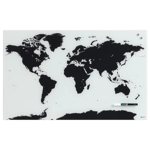 Magnetisk NAGA glastavle 80x50 cm med verdenskort - sort/hvid