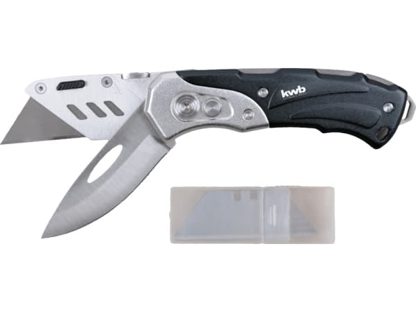 kwb 016910, Lukittuvateräinen veitsi, Monityökaluveitsi, Drop point -terä, Musta, 2 työkalua, 16,5 cm