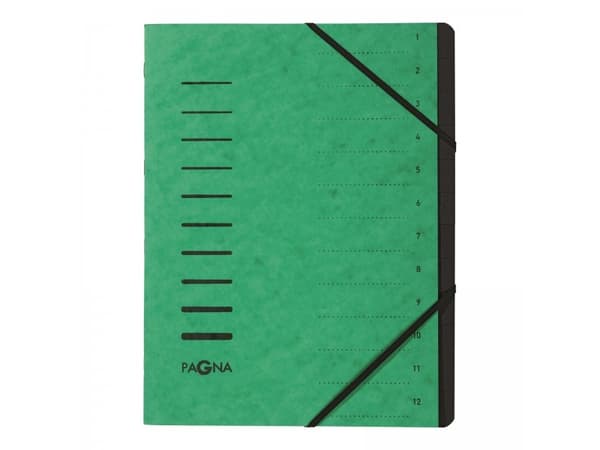 Pagna Office - Klassifikationsmapp - 12 utrymmen - 12 delar - ryggbredd: 5 mm - för A4 - tabbad - grön