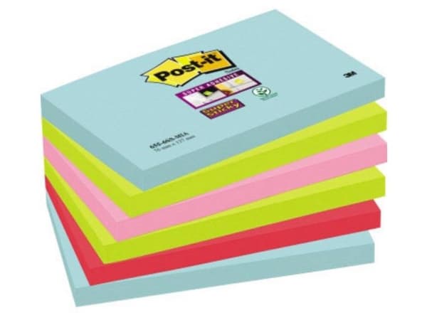 Post-it Super Sticky 6556SMI - Anteckningar - 127 x 76 mm - 540 ark (6 x 90) - turkos, neongrön, neonrosaa, vallmoröd