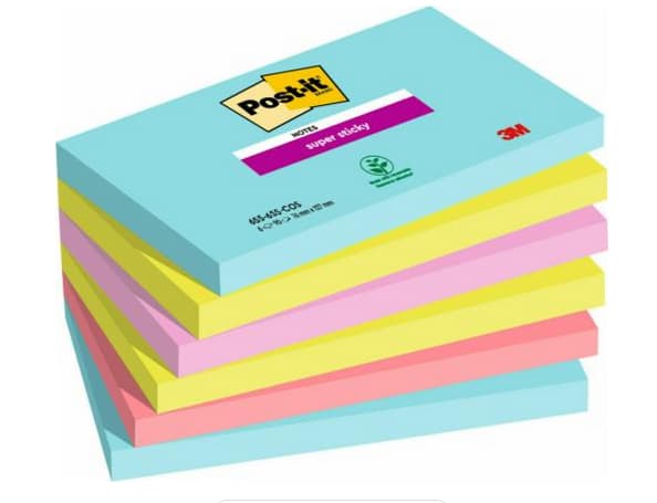 Post-it Super Sticky 6556SMI - Anteckningar - 127 x 76 mm - 540 ark (6 x 90) - turkos, neongrön, neonrosaa, vallmoröd