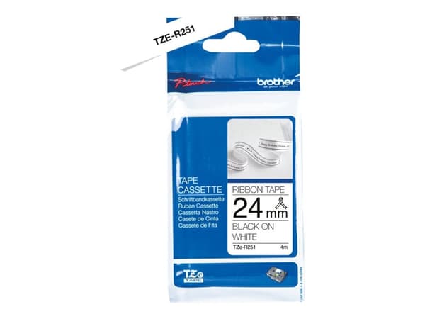 Brother TZe-R251 gavebånd 24mm x 4m - sort på hvidt satinbånd