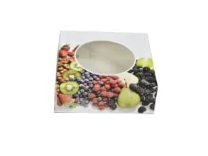 Kageæske hængslet låg frugtdesign L200xB200xH70mm pap med rund rude hvid,100 Stk/krt