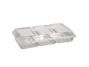 Smørrebrødsbakke 3-rum 245x145x45 mm Hængslet låg APET Klar,300 stk/krt