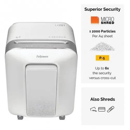 Fellowes Powershred LX201, Mikroleikkaava, 23 cm, 2 x 12 mm, 22 L, Kosketus, 4 renkaita