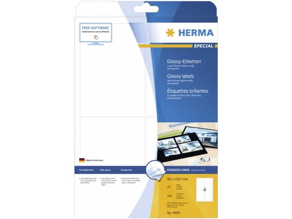 HERMA 4908, Valkoinen, Itse kiinnittyvä tulostintarra, A4, Paperi, Laser, Kiinteä