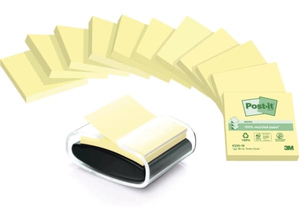 Post-it Z-notes Millenium dispenser + 12 Recycled Z-notes blokke, 76 x 76 mm