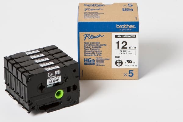 Brother HGE-131V5 - Svart på blank - Rull (1,2 cm x 8 m) 5 kassett(er) laminert teip - for P-Touch PT-9500pc, PT-9700PC, PT-9800PCN; P-Touch R RL-700