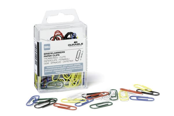 DURABLE - Pappersklämmor - rund - 26 mm - metall - plastöverdragen - blandade färger - paket med 100