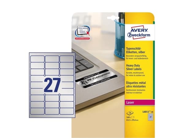 Etiketter, Avery L6011-20, 63,5 x 29,6 mm, 27 pr. ark, 20 ark