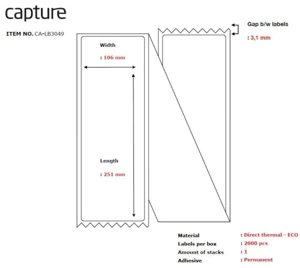 Capture - Permanent lim - ubestrøket - hvit - 106 x 251 mm 2000 etikett(er) (1 rull(er) x 2000) boks - vifteetiketter