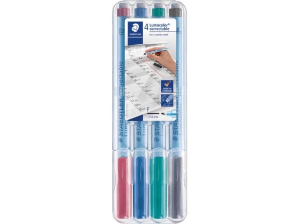 Staedtler Lumocolor correctable 305, 4 kpl, Vihreä, Musta, Sininen, Punainen, Musta, Sininen, Vihreä, Punainen, Polypropeeni (PP), Ohut/medium, 0,6 m