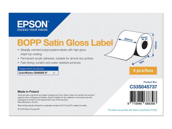 Epson - Biaksielt innretter polypropylen (PP) - blank sateng - permanent akryl-adhesiv - toppbelagt - hvit - Rull (20,3 cm x 68 m) 4 rull(er) sammenh