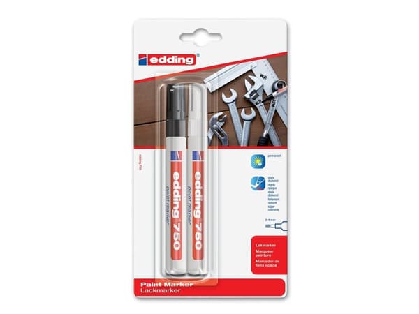Edding 750, Svart, Vit, Svart, Vit, 2 färger, Rundad spets, Rund, 2 mm