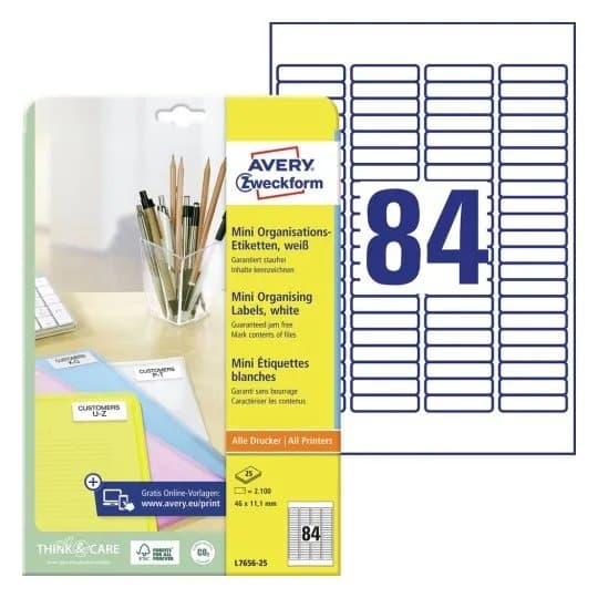 Etiketter Avery Zweckform L7656-25 hvid 1,1x4,6 cm - (84 stk. x 25 ark)