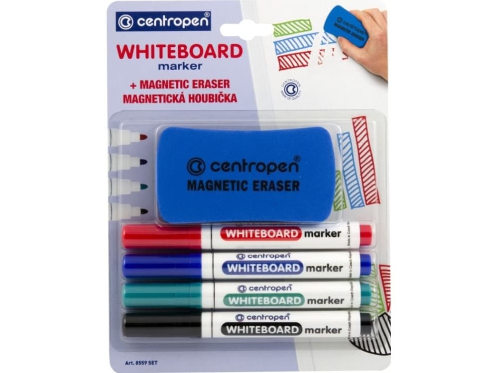 Centropen Centropen, set of markers for whiteboards 8559, color, 4pcs, 2.5mm, set of markers based on alcohol + magnetic sponge