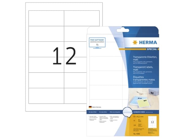 HERMA 4586, Transparent, Rundad rektangel, Permanent, A4, Universal, Polyester
