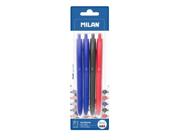 Milan BWM10254, Klipsi, Kuulakärkikynä klikkausmekanismilla, Uudelleentäytettävä, Musta, Sininen, Punainen, 4 kpl