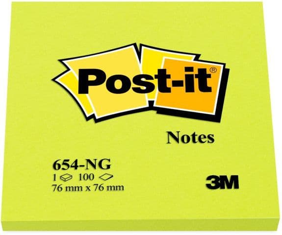 Post-it Neon Block 654N, 76x76mm, ljusgrön, 100 ark (3M0306)