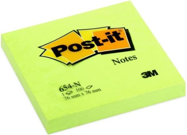 Post-it Neon Block 654N, 76x76mm, ljusgrön, 100 ark (3M0306)