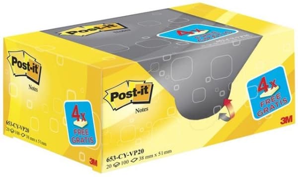 Post-It 653-VP20, Rektangel, Gul, 51 mm, 38 mm, 100 ark, Låda