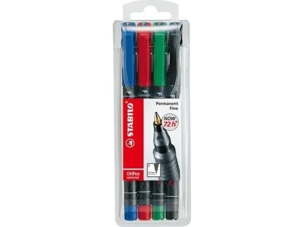 STABILO OHPen universal permanent, 4 Pack, Sort, Blå, Grønn, Rød, Projektil spiss, Flerfarget, Polypropylen (PP), Fint, 0,7 mm