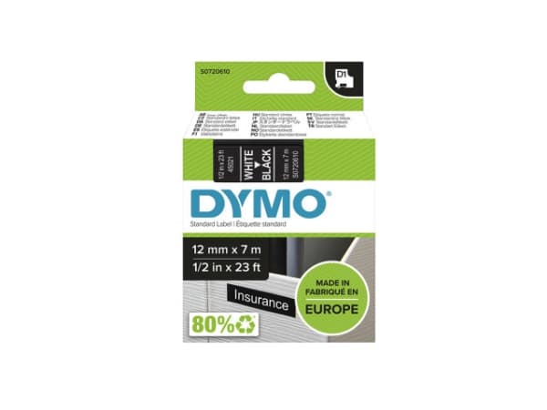Teckningsband Dymo D1, 12 mm, vit/svart