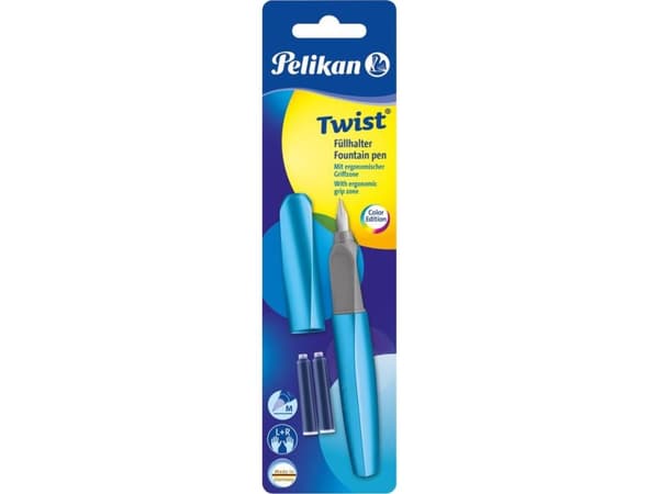 Pelikan vulpen Twist, lichtblauw, Blå, Påfyllning med bläckpatronssystem, Blå, Stål, Medium, Ambidextrous
