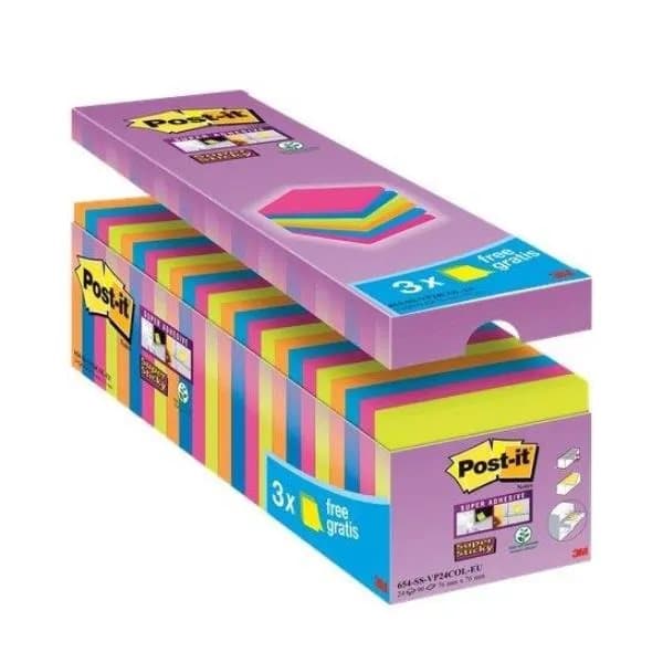 Staples POST-IT Block SUPER STICKY 654-SS-VP24COL 76x76mm, assorted colors 24x90 sheets
