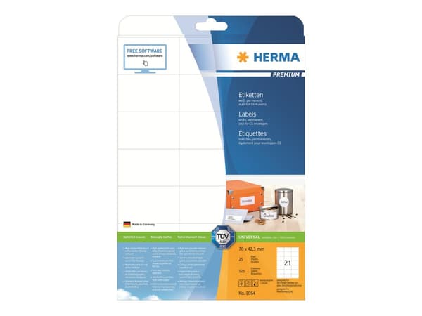 HERMA Premium - Papper - matt - permanent självhäftande - vit - 70 x 42.3 mm 525 etikett (er) (25 ark x 21) laminerade etiketter