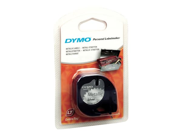 Labeltape DYMO® Letratag 12mm x 4m metallic sort på sølv