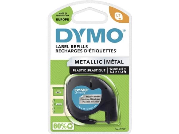 Labeltape DYMO® Letratag 12mm x 4m metallic sort på sølv